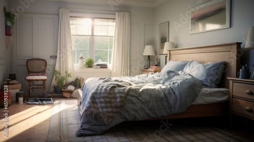 A bedroom with a grey-and-white patterned quilt on the bed photo