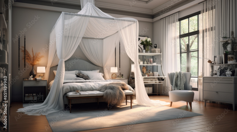 A bedroom with a canopy bed draped in gauzy curtains and cozy reading corner - obrazy, fototapety, plakaty 
