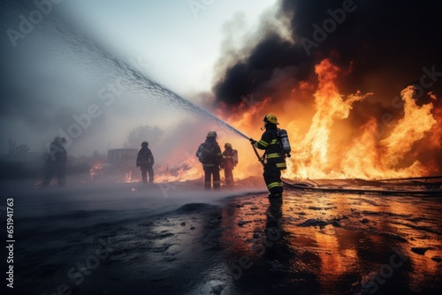 Firefighters, Firemen spraying high pressure wate.fire fighter Using Twirl water mist fire extinguishers to fight flames to control fires from spreading.