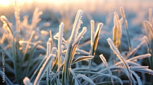 Winter crops, wheat damaged by early spring frosts, frozen plants in the meadow at sunrise, germinated grain in agricultural fields covered with hoarfrost, sowing wheat campaign in the spring. © Lucky Ai