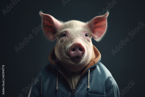 Image of pig wearing wear a jacket on clean background. Fashion, Farm Animals, Generative AI, Illustration.