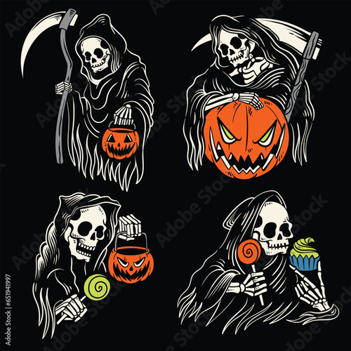 set of outline grim reaper halloween design illustration