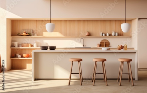 3d rendering modern kitchen with wood built in, for luxury house/mansion/villa