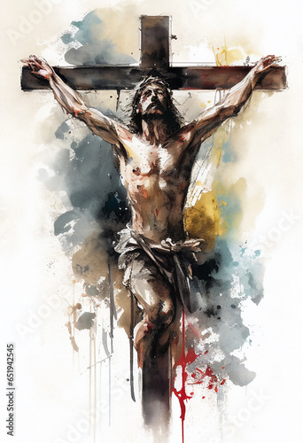 Watercolour painting of the Crucifixion of Jesus Christ on the crucifix cross before ascending to Heaven to be with God celebrated as Easter Good Friday, Generative AI stock illustration image
