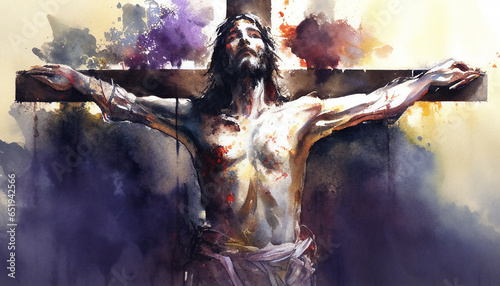 Fotografia Watercolour painting of the Crucifixion of Jesus Christ on the crucifix cross be