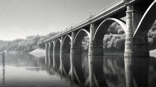 A black and white photograph of a bridge over a river