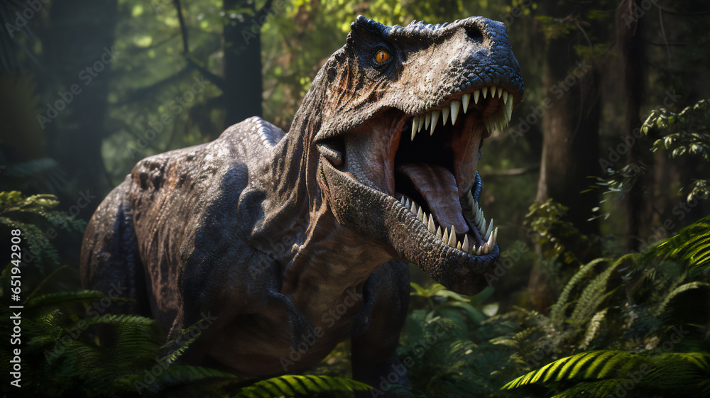 Fototapeta premium T rex or tyrannosaurus rex a large carnivorous theropod dinosaur of the Jurassic Cretaceous period with a fierce large monster size head jaw and teeth, Generative AI stock illustration image