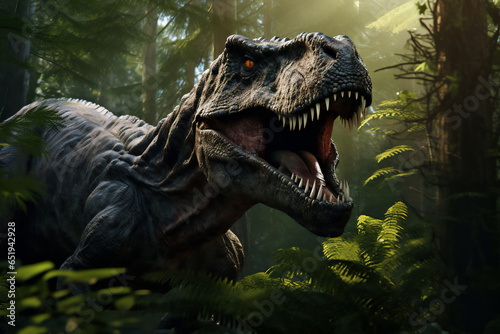 T rex or tyrannosaurus rex a large carnivorous theropod dinosaur of the Jurassic Cretaceous period with a fierce large monster size head jaw and teeth  Generative AI stock illustration image