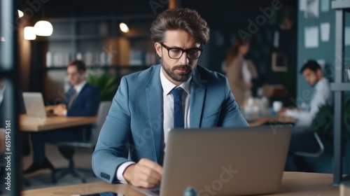 Busy business man manager employee wearing suit using laptop in company office photo