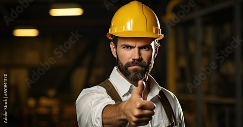 worker man with helmet pointing at you on background
