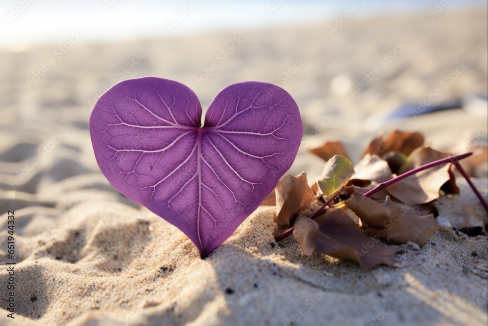 Heart Shaped Leaf in Close-Up. A Purple Nubes Leaf with Thorn, Stem, and Sand on the Beach; a Natural Plant Shape and Texture Heart Shaped Leaf in Close-Up. A Purple Nubes Leaf with Thorn, Stem, and Sand on the Beach; a Natural Plant Shape and Texture