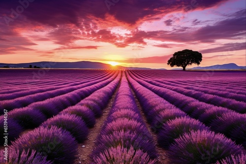 Provence's Summer Sunset: Beautiful Lavender Field Landscape in Valensole Plateau, Southern France