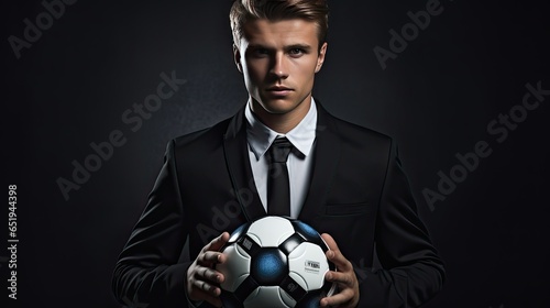 young male businessman holding soccer ball