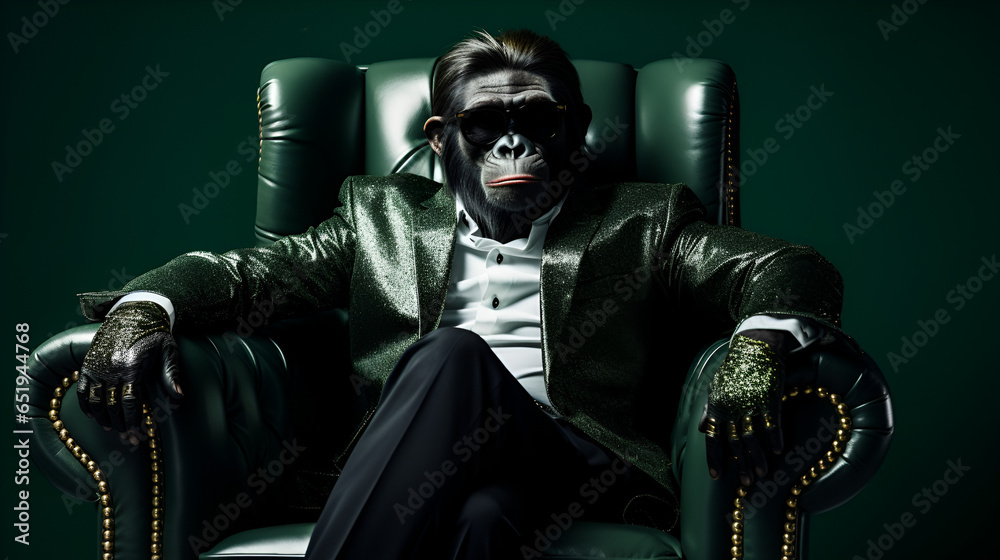 Affe im Anzug sitzt in einem grünem Stuhl - obrazy, fototapety, plakaty 