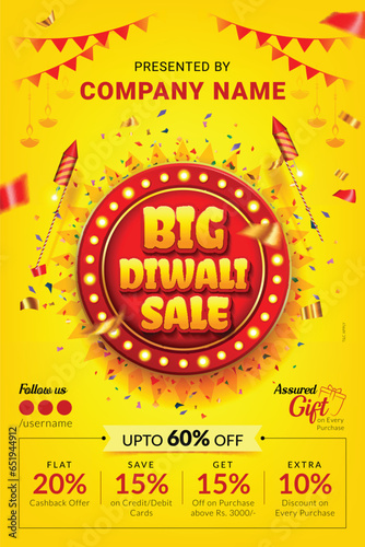 big diwali sale banner design with red retro light sign vintage style on yellow background