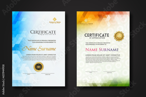 Set modern certificate template with gradation colorful polygon shape ornament