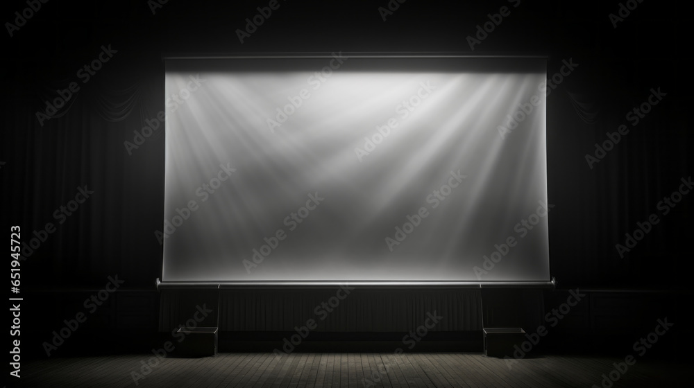 Fototapeta premium A black and white image of an old-fashioned projector screen, illuminated by a single spotlight 
