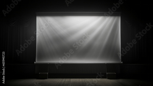 A black and white image of an old-fashioned projector screen, illuminated by a single spotlight 