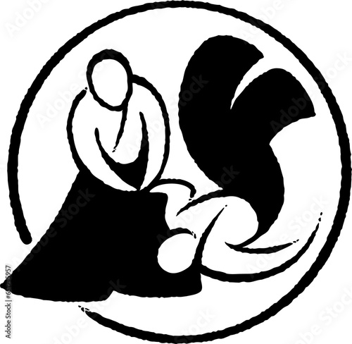 Aikido black and white ink logo, hand drawn brusk strokes. Simple drawing of Japanese martial art.  photo