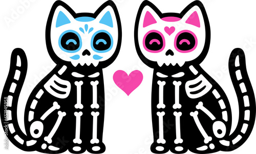 Two cute cartoon skeleton cats with Mexican painted skulls. Male and female black cat couple. Dia de los Muertos (Day of the Dead) drawing.
