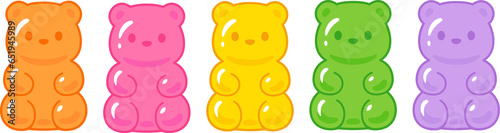 Cute cartoon gummy bears drawing set. Colorful bear shaped candy clip art Illustration.