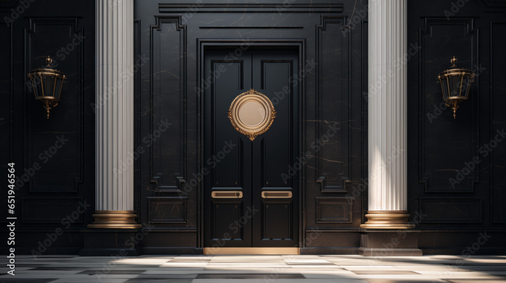 A black door is framed by two white pillars, with a large brass door knocker at the center - obrazy, fototapety, plakaty 