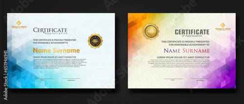 Set modern certificate template with gradation colorful polygon shape ornament