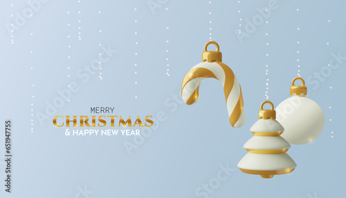 3D Christmas tree ornaments. White and golden minimal greeting card or banner background with toy three dimensional New Year and winter decorations. Vector illustration.