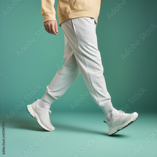 male legs side view wearing white sneakers isolated on plain green studio background