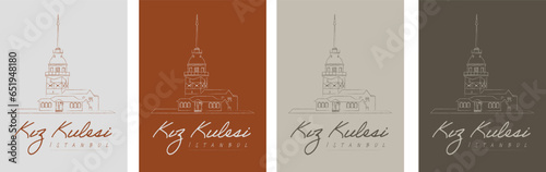Istanbul and Maiden's Tower line illustration vector, 4 different backgrounds. Translation: "Maiden's Tower, Istanbul"