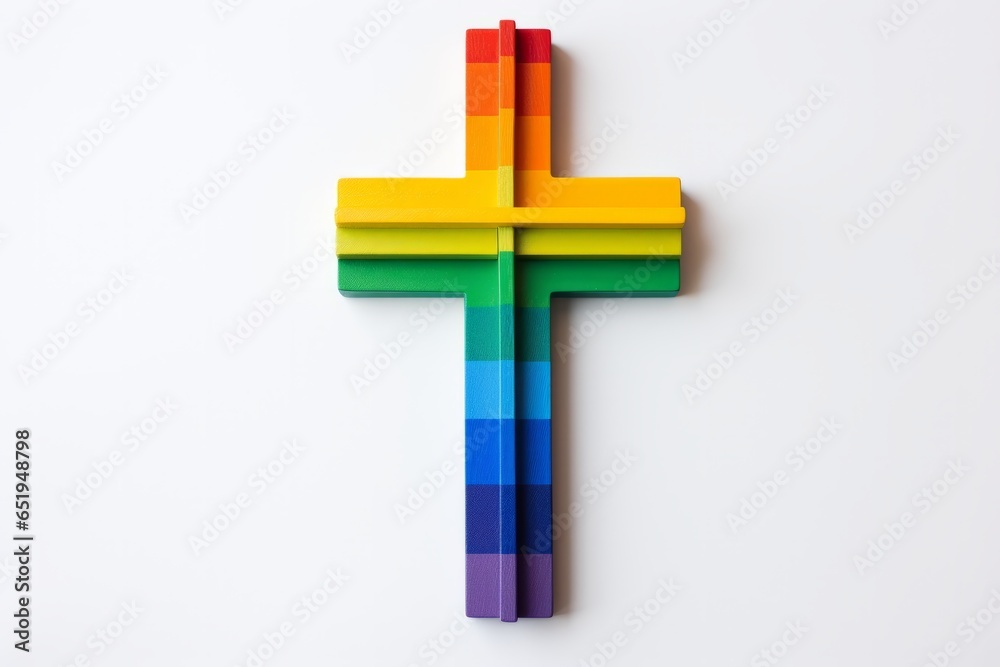 Obraz premium Illustration of a rainbow coloured cross on a white background. Acceptance of the LGBTQI+ community within religion. Created with Generative AI technology