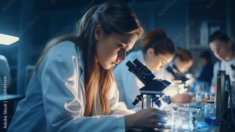 A cluster of university students conducting a microscope experiment in a science lab. A cluster of university students conducting a microscope experiment in a science lab.