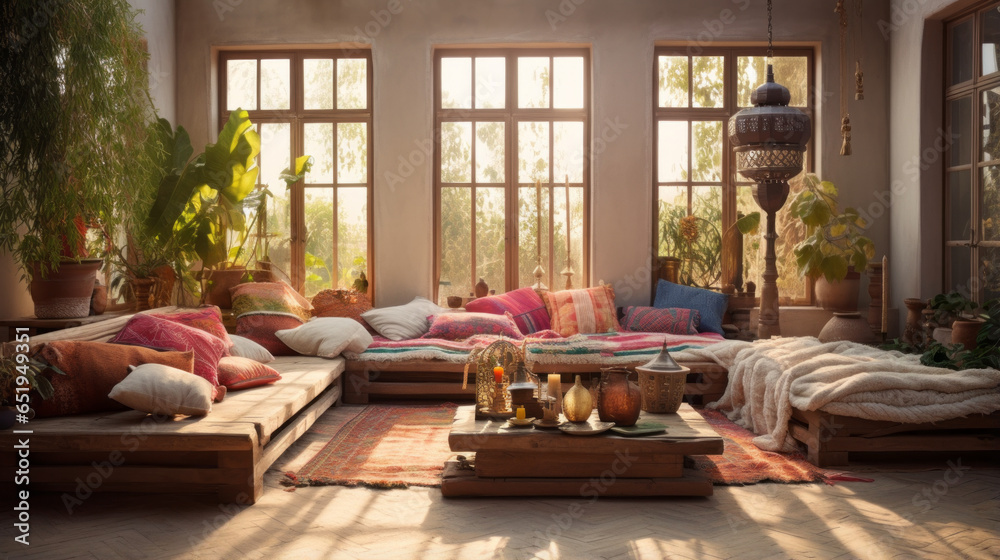 Fototapeta premium A bohemian-inspired living room with floor cushions, an assortment of textiles, and low wooden tables This space is a haven of relaxation and cultural diversity