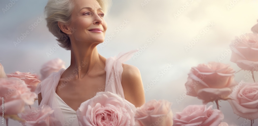 Elegant mature White American woman in reflection with pink roses on her chest. Symbolizing unity and courage during Breast Cancer Awareness Month