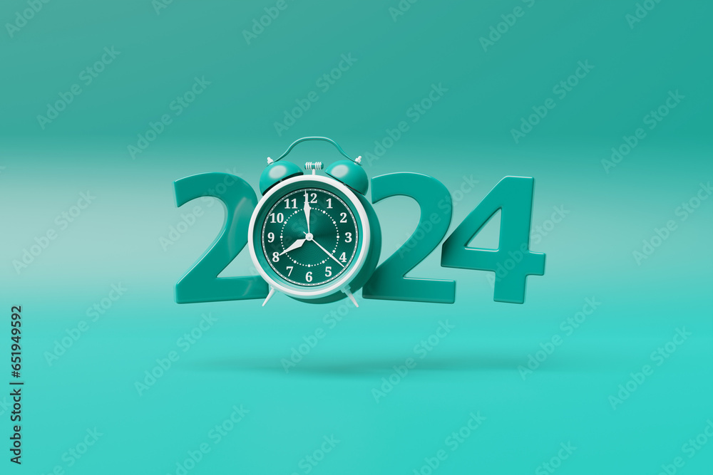 Close-up of  calendar header number 2024  with  blue retro clock on a blue background, 3D illustration. Changeability of years.