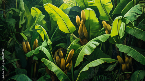 painting of banana leaves and trees in the forest
