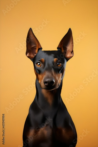 doberman dog with alert ears, isolated on plain yellow studio background