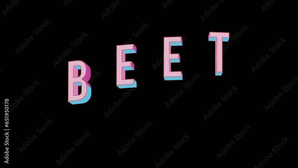 Bright letters jump merrily in the inscription BEET vegetable. Retro. Alpha channel black. In-Out looped. Alpha BW at the end. Looped from frame 120 to 240, Alpha BW at the end Bright letters jump merrily in the inscription BEET vegetable. Retro. Alpha channel black. In-Out looped. Alpha BW at the end. Looped from frame 120 to 240, Alpha BW at the end