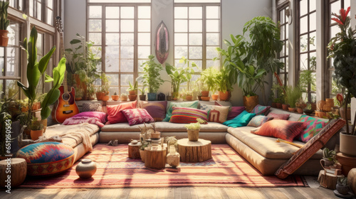A Bohemian living room with floor cushions, hanging plants, colorful tapestries, and a low wooden coffee table