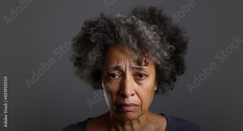Studio portrait of exhausted and sad middle aged black woman with gray hair  dark background