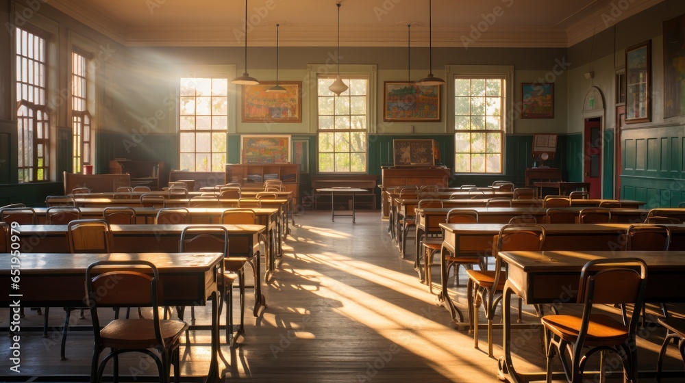 Rows of desks and chairs in an empty classroom are bathed in sunlight, creating long shadows.