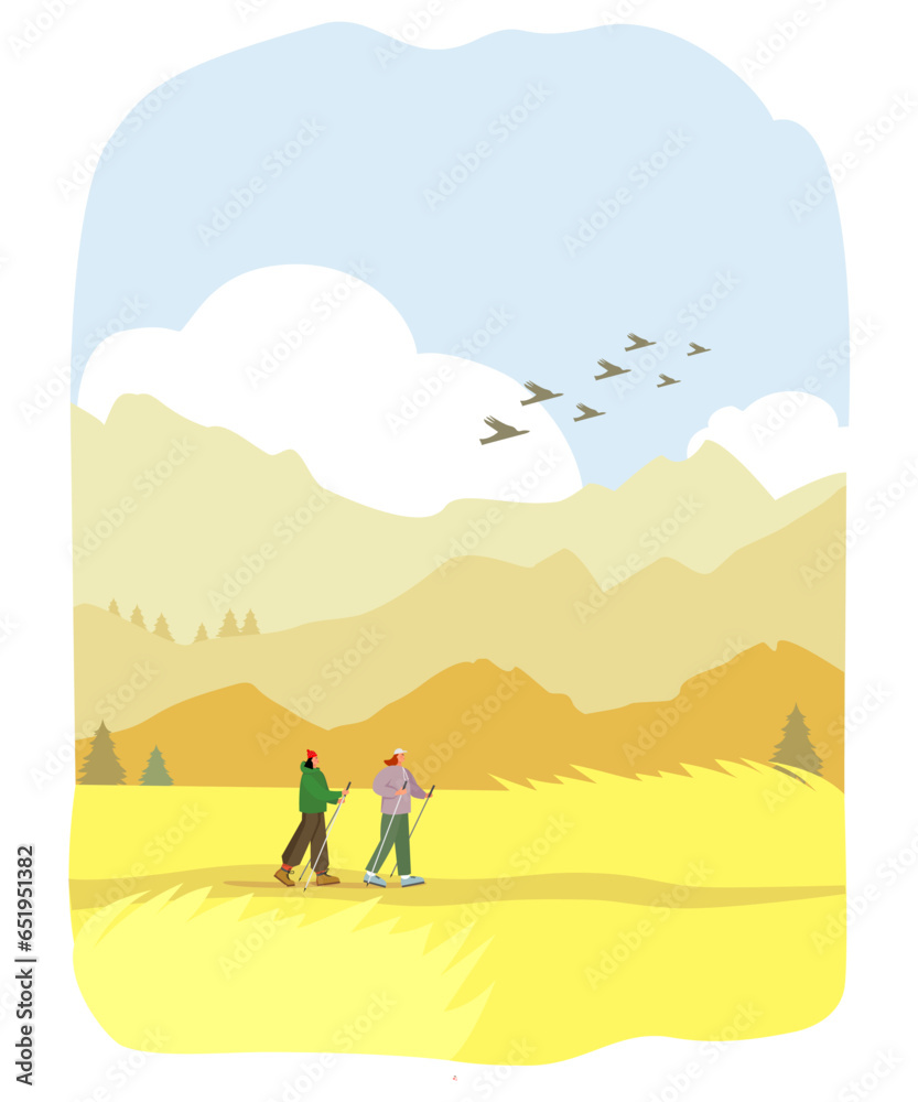 Scandinavian walking in the mountains. Girls with sticks walk in the autumn mountains. Vector illustration.