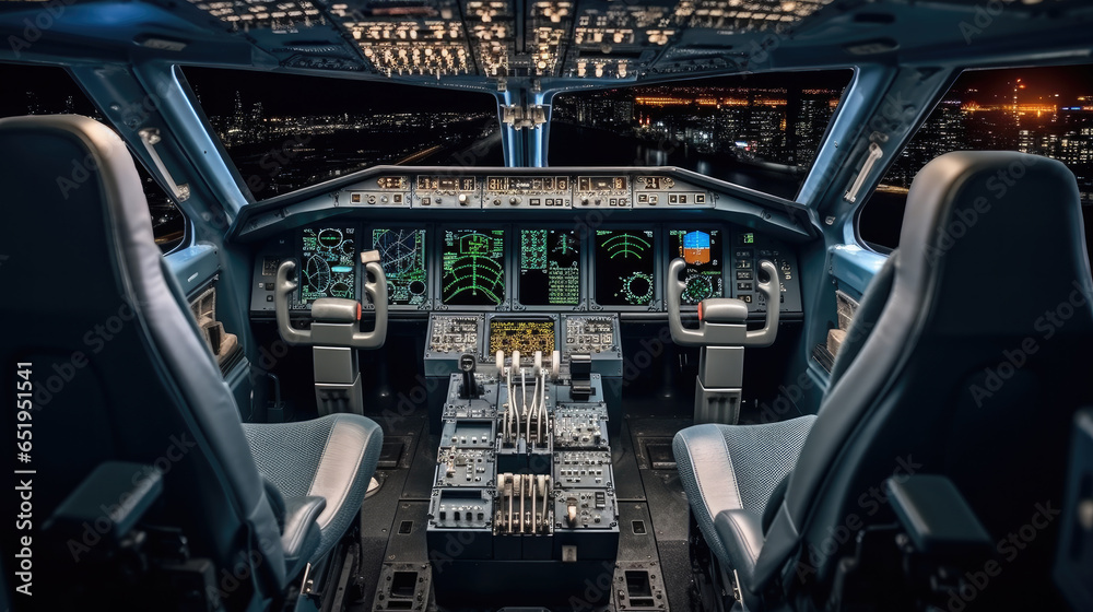 Cockpit of a large commercial airplane a cockpit trainer, Commercial aircraft cruising control panel in a plane cockpit. Cockpit of a large commercial airplane a cockpit trainer, Commercial aircraft cruising control panel in a plane cockpit.