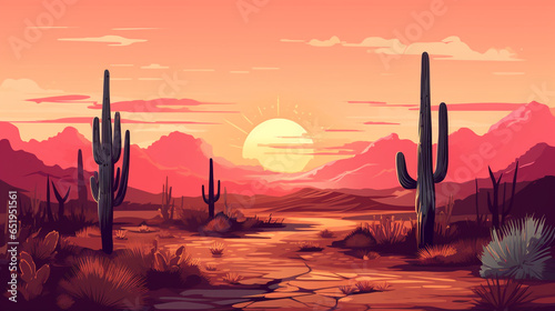 A panoramic illustration of a dusk in a barren desert area where only cactus trees grow. The light of the sunset makes the sky golden yellow.