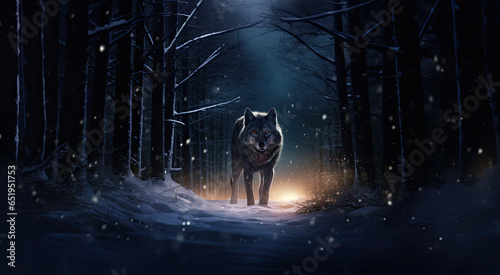 wolf in the dark winter forest. 