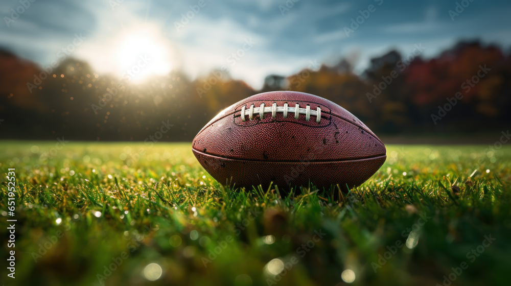 Close-up view of a football on the field with white yard lines. Close-up view of a football on the field with white yard lines.