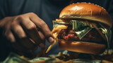person eating dollar bill plated burger, with generative ai