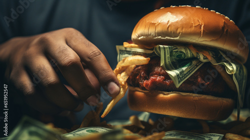 person eating dollar bill plated burger, with generative ai photo