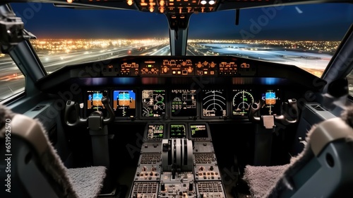 Airplane cockpit of modern passenger jet aircraft  Airplane cockpit.
