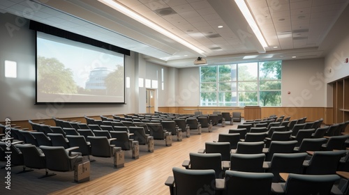 College classroom in amphitheater style, with empty seats and a projector screen.